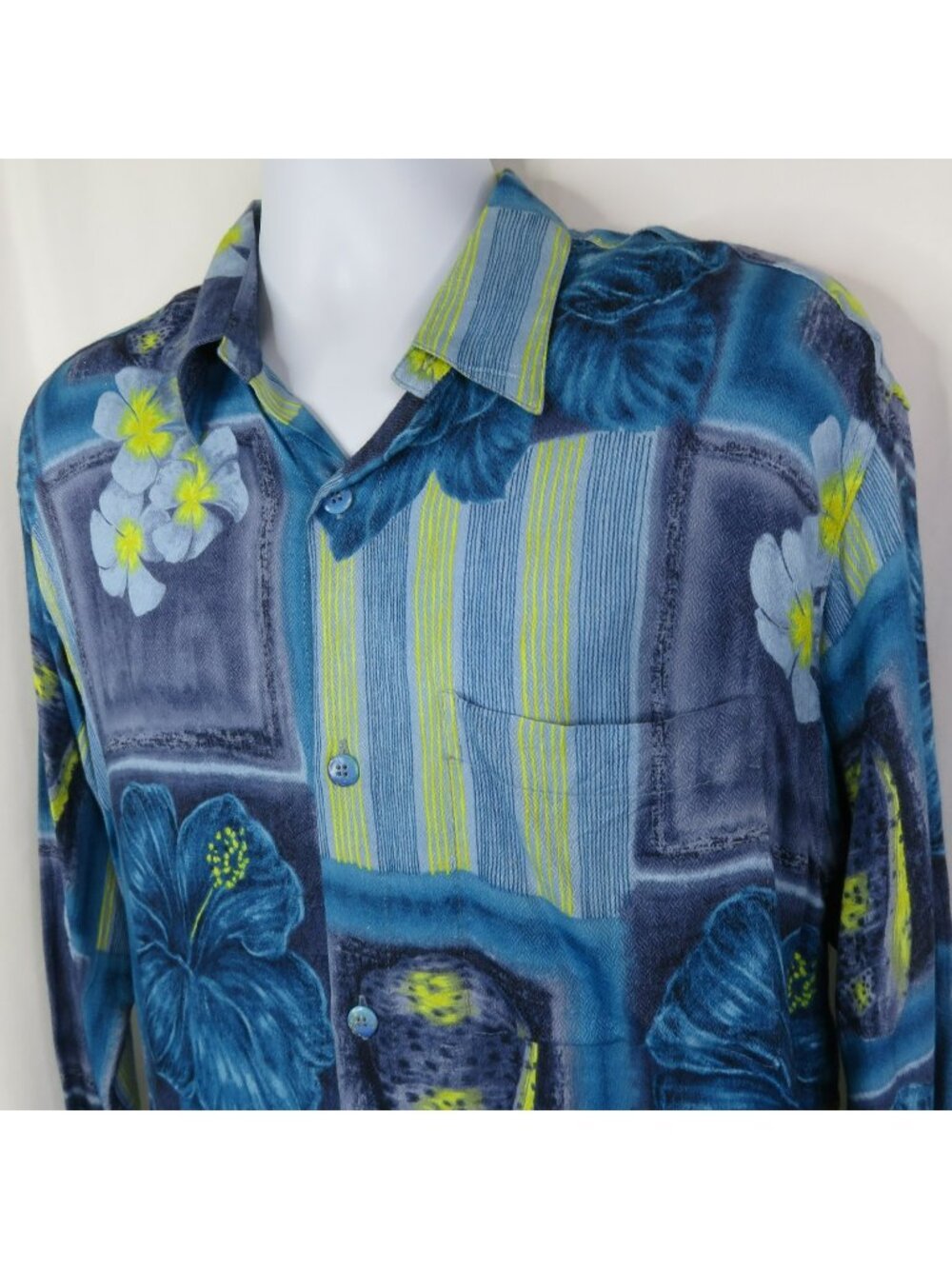 Jams World Long Sleeve Shirt Men's Medium Hawaiian Print Blue Aloha Rayon